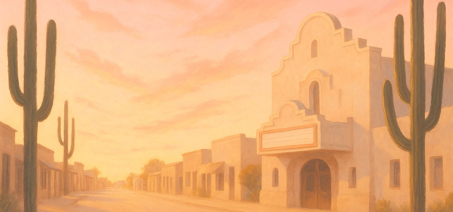 Oingo Boingo Former Members in Arizona — a desert town street at dusk with saguaro silhouettes