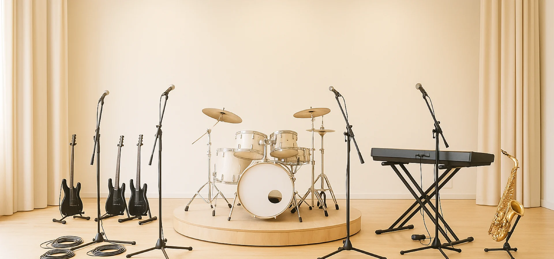 Who is in Oingo Boingo Former Members — an empty stage set up for a full band before a show