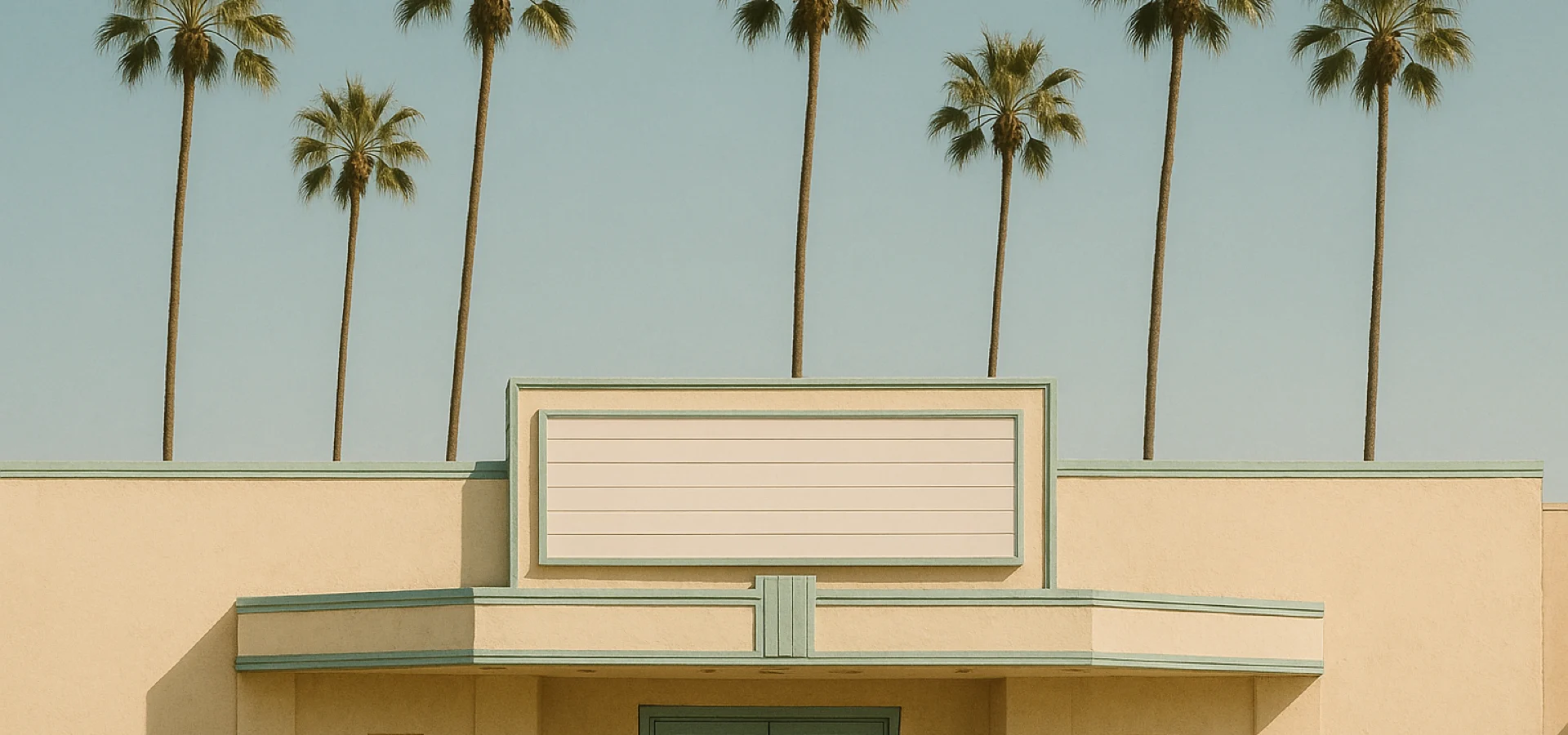 Oingo Boingo Former Members near Los Angeles — palm trees above a low mid-century theatre facade