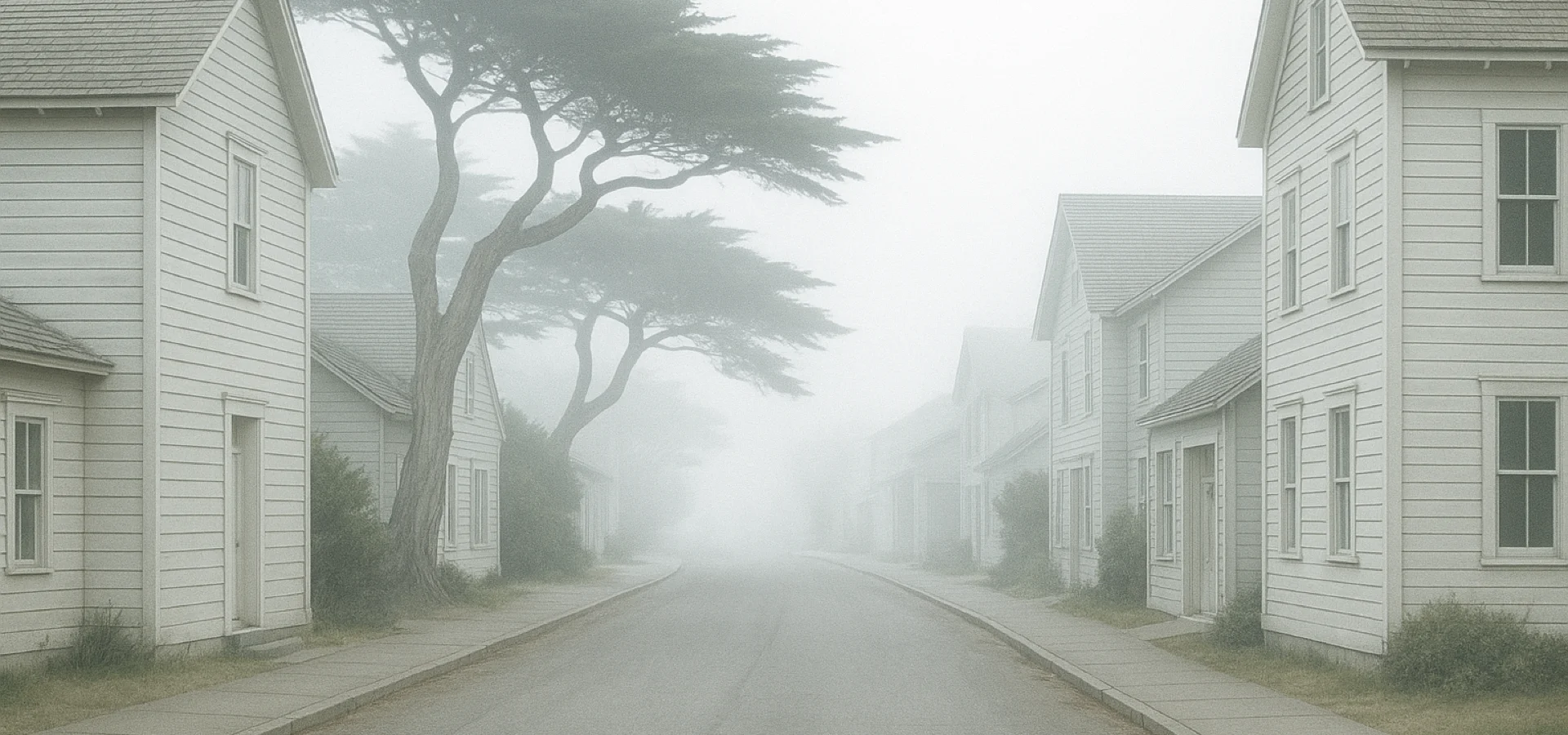 Oingo Boingo Former Members in Monterey — a coastal Northern California street with cypress trees in soft fog