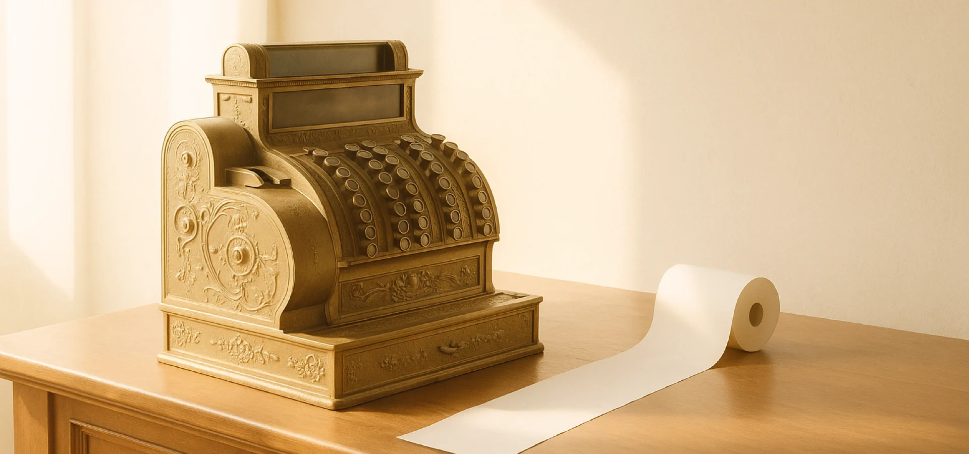 Oingo Boingo ticket prices explained — an antique brass register and a blank paper roll on a theatre counter